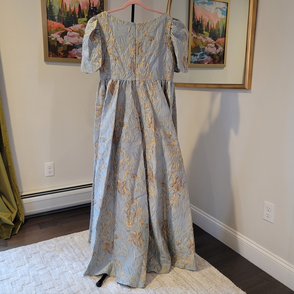NWT MAC DUGGAL Puff Sleeve Brocade Gown Light Blue Hi Low Hem Size 14 - Picture 9 of 15